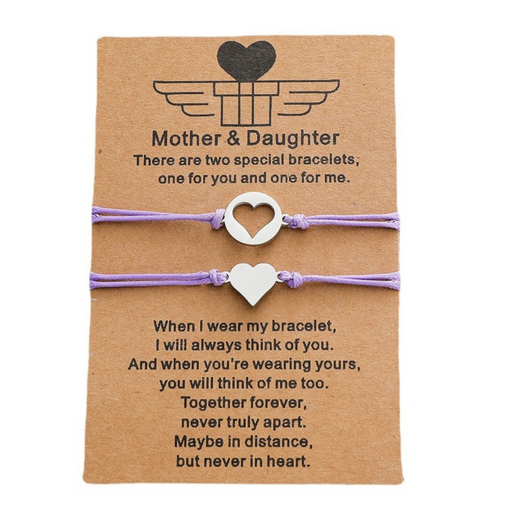 Purple mother and daughter heart charms bracelet set of 2 on a card
