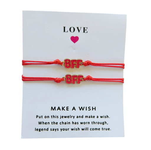 2 red BFF friendship bracelets on a white message card