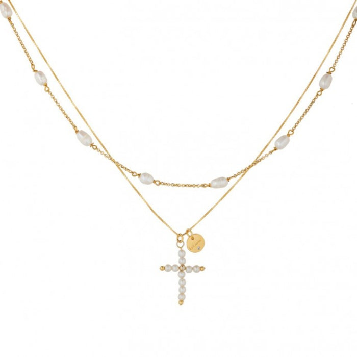 Gold plated 2 chain necklace with pearl cross