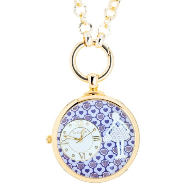 gold plated necklace with Necklace with clock pendant with purple clock face and swarovski