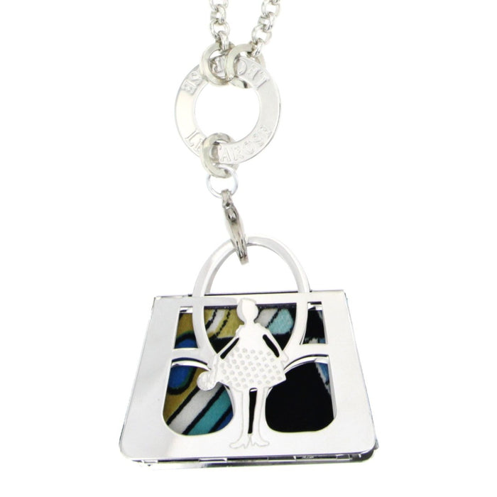 Silver plated long chain necklace with handbag charm