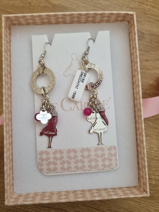 Womens Long Silver Plated Charm Earrings - Princess - Hot Pink