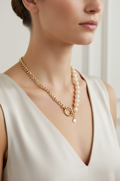 Woman wearing a gold chain necklace with white beads