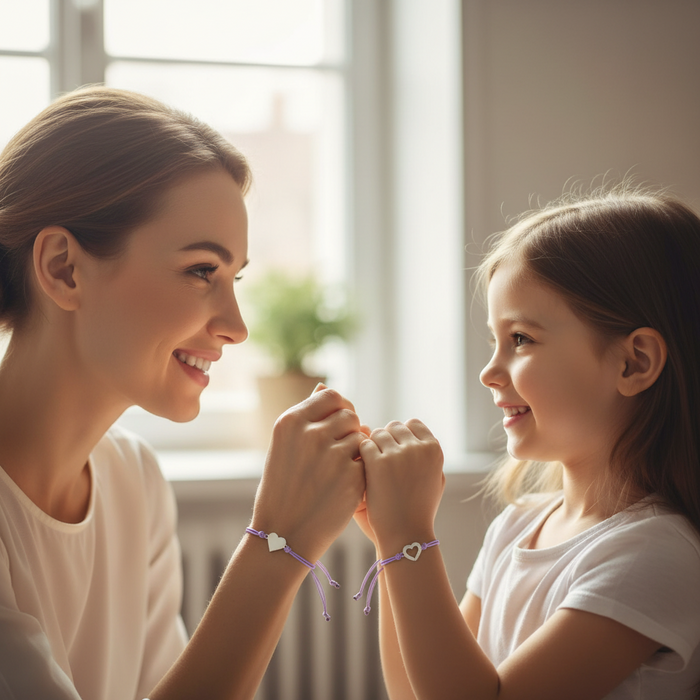 Woman and young girl holding hands with a warm, indoor setting