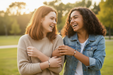 Two women laughing together in a park wearing matching black heart bracelets