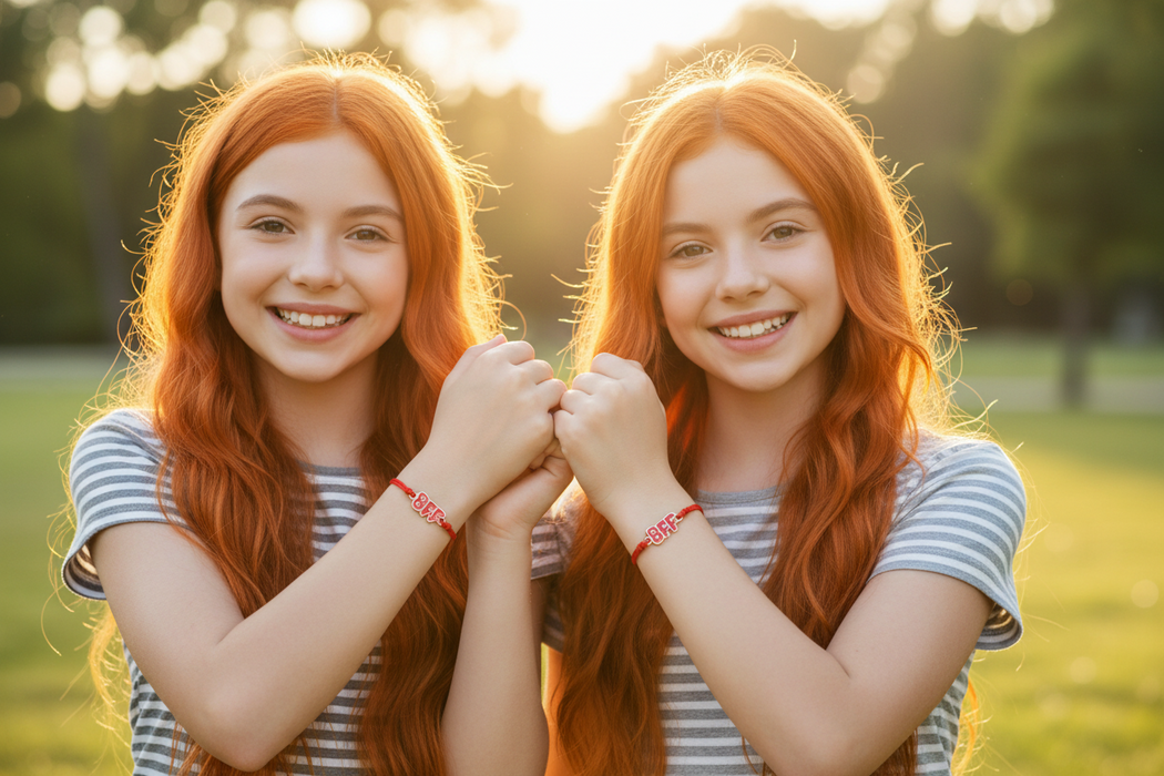 Two young girls with red hair holding hands in a park during sunset wearing matching BFF bracelets.