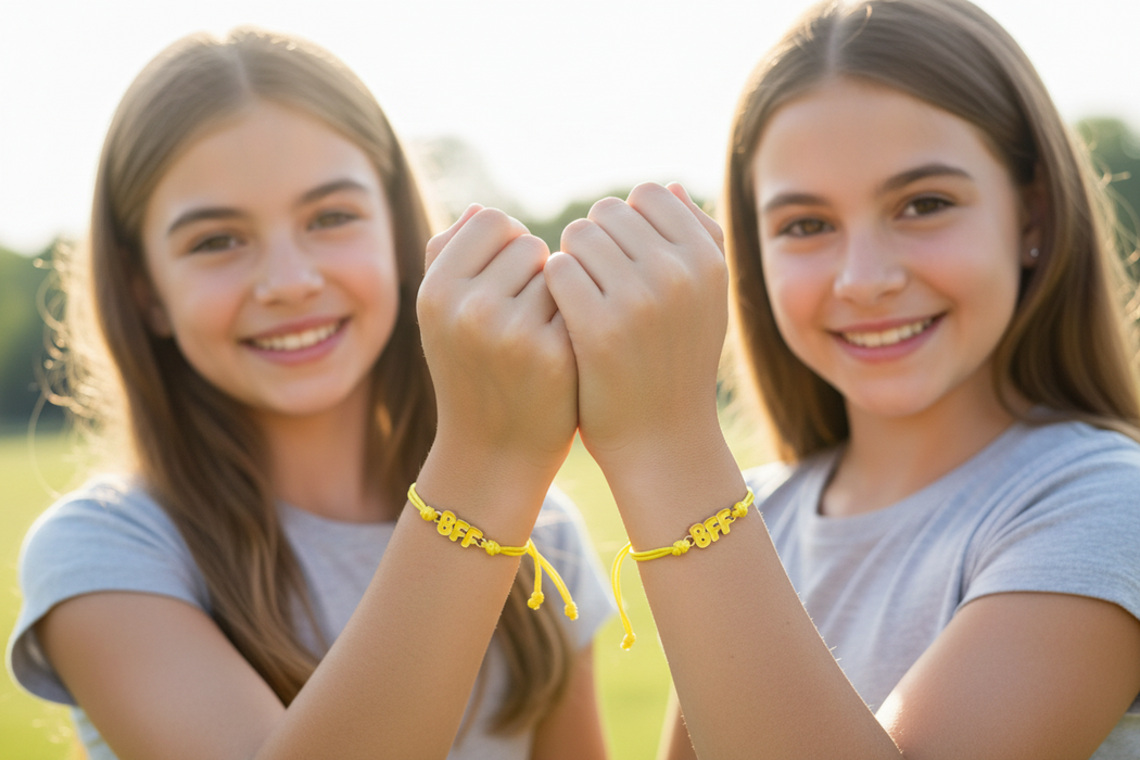 Two young girls holding hands outdoors wearing matching BFF bracelets with a blurred natural background