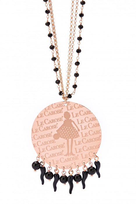 Rose gold pendant necklace with black charms and rosary style 3 chain necklace.