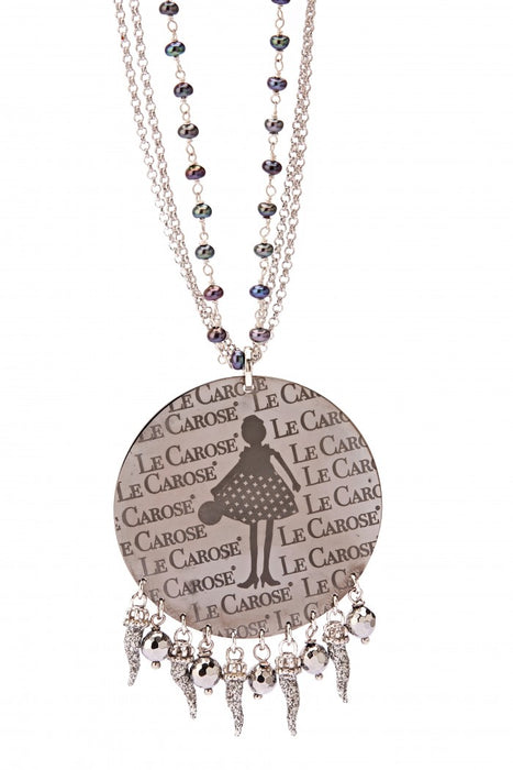 Large silver pendant with glitter silver italian horns and rosary style 3 chain necklace